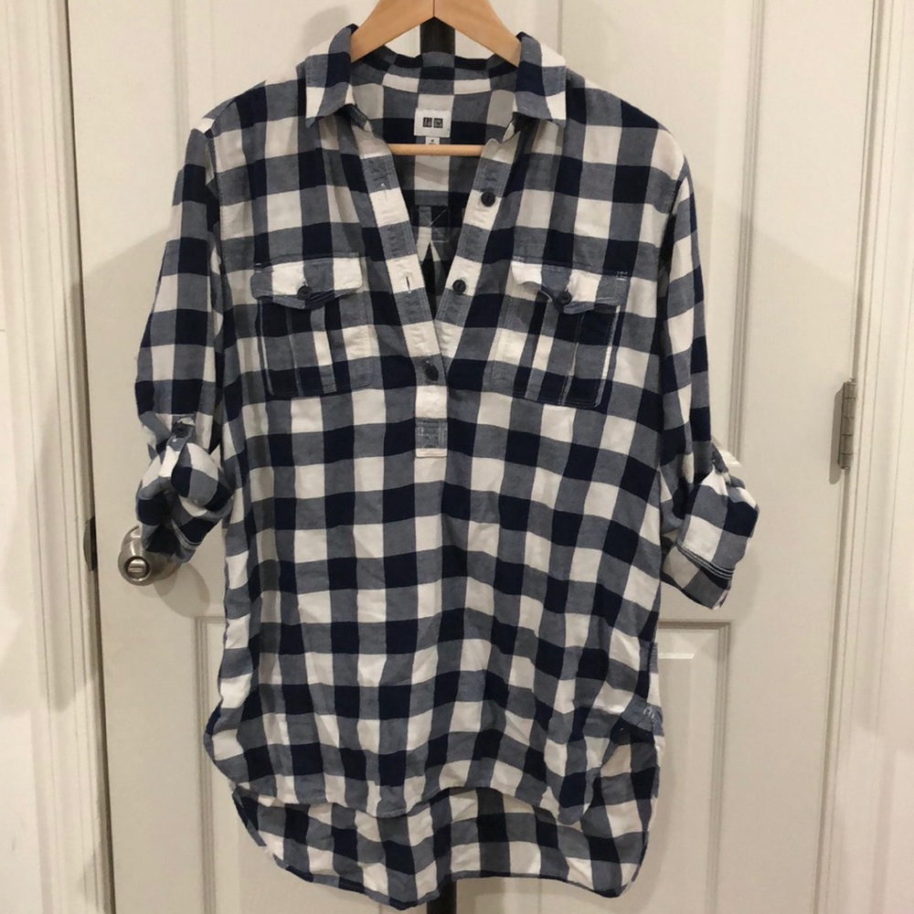 Uniqlo Blue Plaid Half Button Shirt